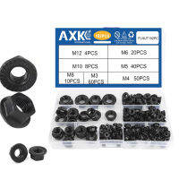 AXK สีดำหน้าแปลน Nut Assortment Kit M3-M12หกเหลี่ยมเหล็กคาร์บอน Serrated Spinlock หน้าแปลนล็อค Nut ชุด DIN6923 CNA Turning