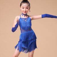 Blue Red Rose Girl Fringe Paillette Latin Dance Dress for Girls Tassel Salsa Kids Ballroom Dresses Tango Costume  by Hs2023