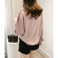 COD Womens Chiffon Beaded Tops Solid Color Long Sleeve Blouse