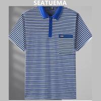 SEATUEMA ฤดูร้อนผู้ชายเทียมน้ำแข็งผ้าไหมแขนสั้นคอปกเสื้อยืดผู้ชายวัยกลางคนหลวมพ่อลำลองผู้ชายระบายอากาศเสื้อยืด