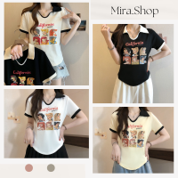 Mira_shop เสื้อครอปคอปก เสื้อยืดไหมพรม ลายการ์ตูน รุ่นใหม่ ผ้ายืด 89072#