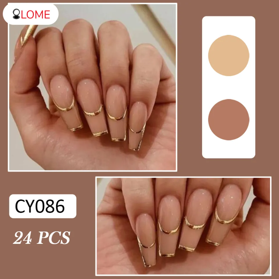 Gold Foil French False Nail Long Coffin Press on Nails for Nails Art 24pcs