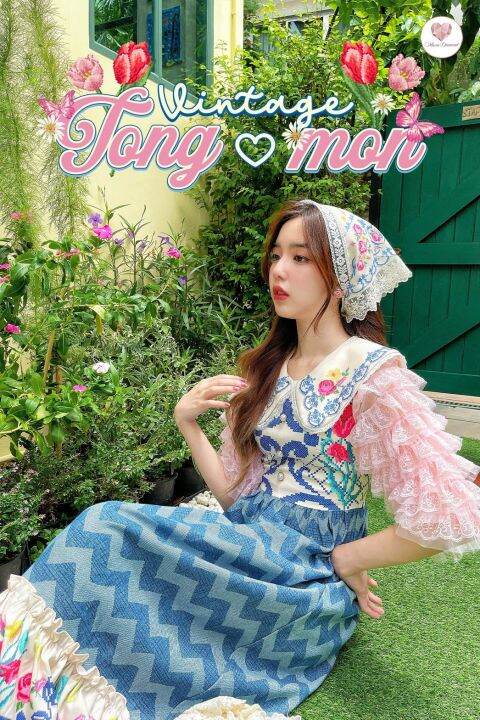 tongmon-vintage-dress-เดรสวินเทจพิมพ์ลายเเต่งผ้ายีนส์ระบายเเขนพู่สีชมพู