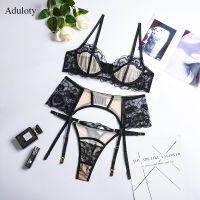 Aduloty ขายร้อนสุทธิขนตาแฟชั่นชุดชั้นในเซ็กซี่ชุดชั้นในโปร่งใส Perspectiveh Garter Gathered 3Pcs