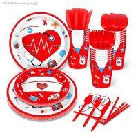 ▤■ Doctor Nurse Holiday Birthday Party Cutlery Set Nurse Party Decoration Plate Cup and napkin suitable for hospital parties