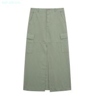 ZARAˉ New Female Split Of Tall Waist Pocket Decorative Skirts Flax Blended Tooling Straps MIDI Skirt 8372073