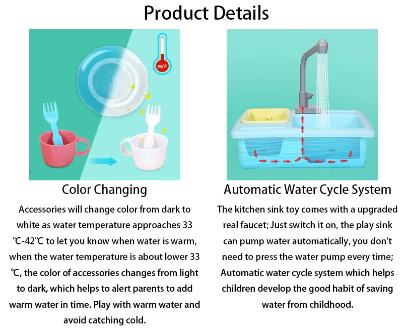  CUTE STONE Color Changing Kitchen Sink Toys, Children Heat  Sensitive Electric Dishwasher Playing Toy with Running Water, Automatic  Water Cycle System Play House Pretend Role Play Toys for Boys Girls 