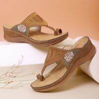 Retro Sandal Women PU Flower Pattern รองเท้าแตะแฟชั่น Casual Non-Slip Sleeve Toe Slippers