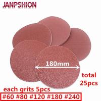 JANPSHION 25pc red round Sandpaper Flocking Self-adhesive Sanding paper for Sander 7 180mm Grits 60 80 120 180 240