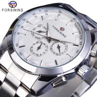 ZZOOI Forsining Silver White Male Mechanical Watch 3 Sub Dial Luminous Hands Date Stainless Steel Band Man Business Sport Montre Homme