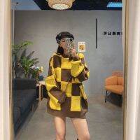 CXSC Store Green Checkerboard ถักเสื้อกันหนาวสแควร์ลายสก๊อตรอบคอหลวมเสื้อกันหนาวผู้หญิงฤดูหนาวหนา Lazy Wind Design Sense