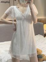 【 WYIN kitchen】 Lace Nightgowns Women High Waist Sweet Korean Style Princess Casual A-line Embroidery Trendy Nightwear Solid Ladies Temperament