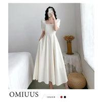 [OMIUUS] เดรสผู้หญิงชุดเดรสทำงาน MM อ้วนสไตล์เฮปเบิร์นชุดเดรสยาวคลุมเข่าแขนพอง