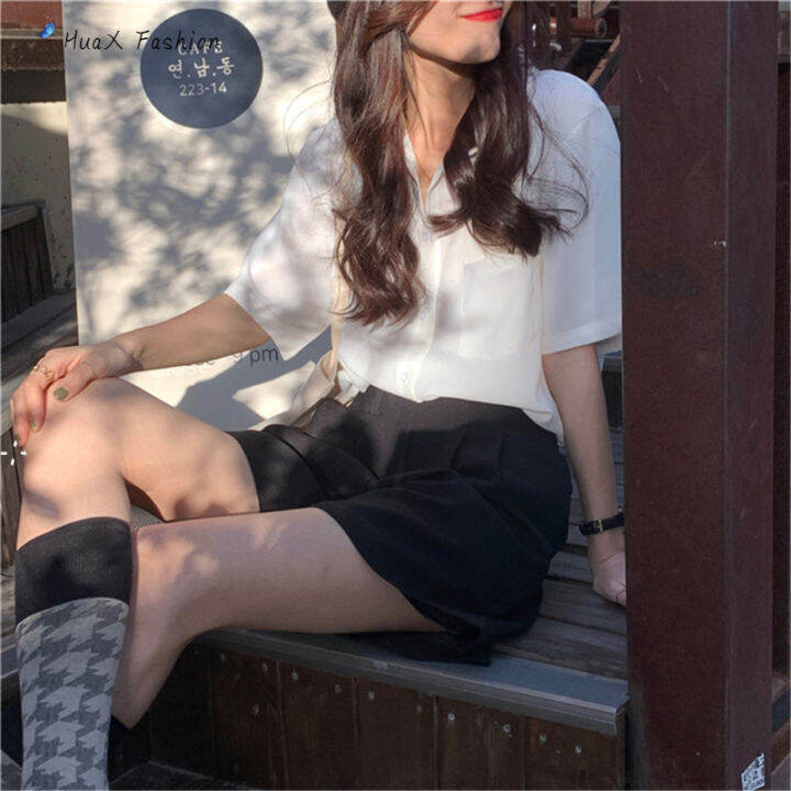 huax-เสื้อผู้หญิง-retro-lapel-lady-plain-ชีฟองแขนสั้นเสื้อ