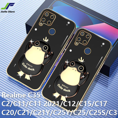 JieFie เป็ดน่ารักสำหรับ Realme C15 / C12 / C11 / C17 / C20 / C21 / C21Y / C25Y / C25 / C25S / C31 / C35 / C2 / C11 2021 / Narzo 50A อะนิเมะ Psyduck case Fashion Chrome Square Soft TPU Phone Cover With Stand
