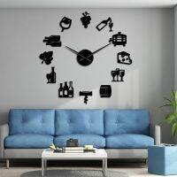 ZZOOI Cheese and Wine Modern Frameless DIY Giant Silent Wall Clock Alcoholic Drink Pub Bar Sign Cork Screw Decorative Wall Watch