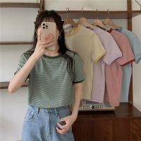 50135 เสื้อยืดแขนสั้น ลายทาง สีคมชัด สไตล์คลาสสิก สําหรับผู้หญิง