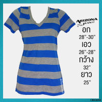 USED Arizona Jean Co. - Blue Striped T-Shirt | เสื้อยืดสีน้ำเงิน สีเทา ลายทาง คอวี เสื้อแขนสั้น เสื้อคอวี ทรงใหญ่ แท้ มือสอง