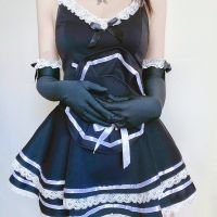 Lolita Sexy Maid Cosplay Costumes Cute Black Nightdress and Thong Anime School Girl Gothic Outfit for Woman with Hat and Glove