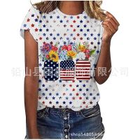 USA National Day Commemorative T-shirts Womens Fashion Tees Stars and Stripes Printed Short Sleeve Tops Summer Casual Pullover