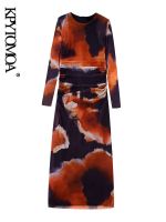 KPYTOMOA Women Fashion With Ruched Printed Tulle Midi Dress Vintage Long Sleeve Side Zipper Female Dresses Vestidos Mujer