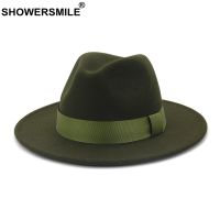 （Explosion umbrella） SHOWERSMILE กองทัพขนสัตว์สีเขียวรู้สึกแจ๊ส Fedora หมวกผู้ชายผู้หญิงปีกกว้างหมวกปีกกว้างหมวกสไตล์อังกฤษ Trilby อย่างเป็นทางการปานามาหมวกชุดหมวก