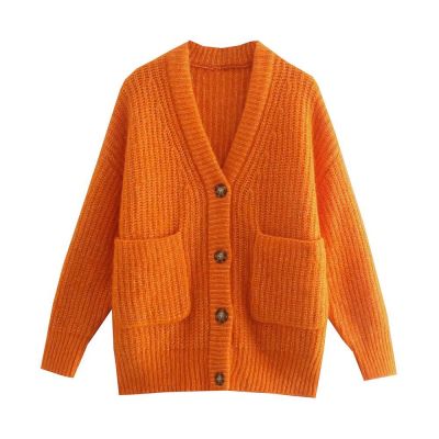 Womens Fashion with Pockets Solid Loose Knit Cardigan Sweater Vintage Long Sleeve Button-Up Female Outerwear Chic Tops
