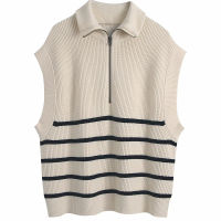 Aonibeier 2021 Za Woman Casual Traf Pull Femme Autumn Winter Sleeveless Half Zipper Knit Gilets Striped Loose Sweaters Vest