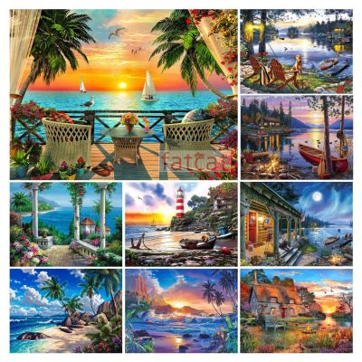FATCAT งานศิลปะ2022มาใหม่,Sunset Seaside Garden Theme, DIY Home Decor,ทิวทัศน์ภาพ AE3775