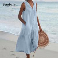 Gaun Kemeja Tanpa Lengan V-Neck Dalam Elegan Musim Panas Gaun Panjang Longgar Kasual Wanita Gaun Pantai Linen Katun แฟชั่น Kancing Sebaris