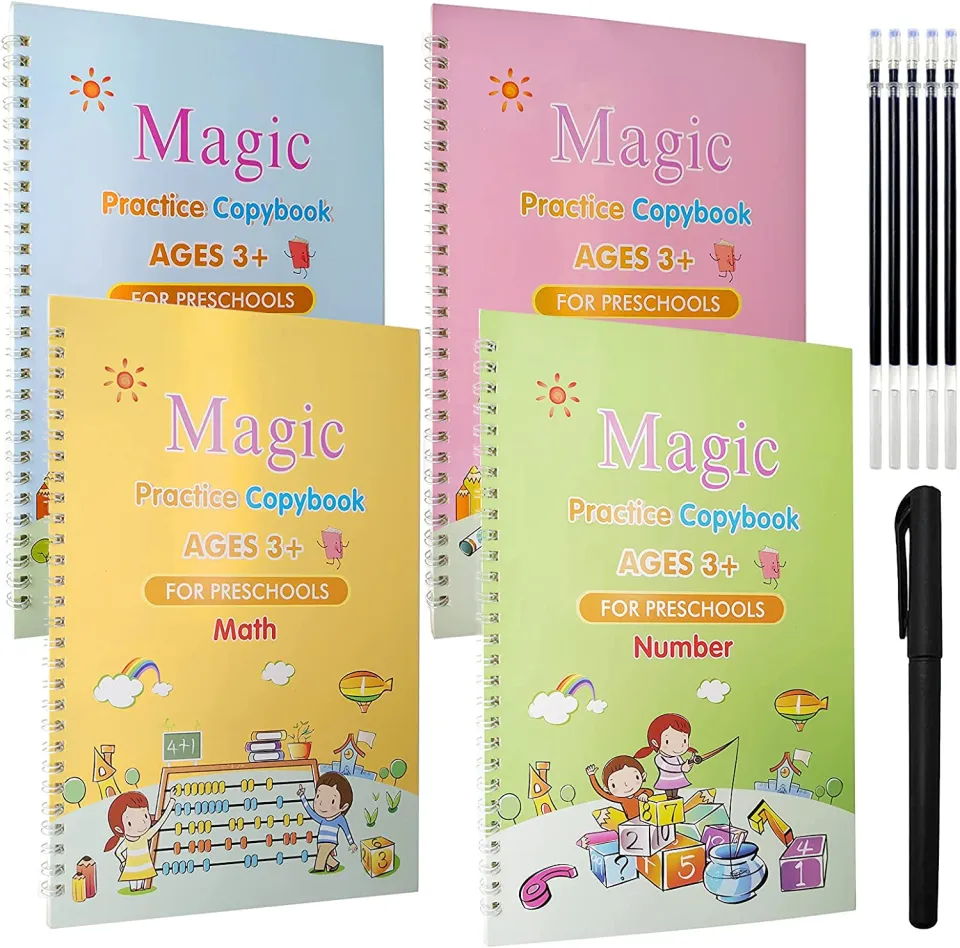 threetrees Tracing Workbook for Children, 4/5 Books/Pack With Pens And  Refill Ink,Pen Grip,Magic Practice Copybook,Magic ink copy books for kids  copying exercises, to help children improve their handwriting,Age 3-8  ​Calligraph