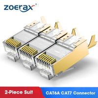 ZoeRax 10ชิ้นขั้วต่อ CAT6A/CAT7หุ้มฉนวน,ไม่ผ่าน RJ45ปลายอีเธอร์เน็ต50u ชุบทอง8P 8C ปลั๊กแบบโมดูลาร์ ftp/ สาย STP