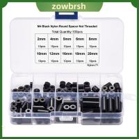 ZOWBRSH 100pcs สีดำสีดำ ชุดแยกสเปเซอร์สกรู เต้าเสียบไฟฟ้า ไนลอนทำจากไนลอน ที่กั้นระยะทรงกลม ตัวยึด สวิตช์และตัวเว้นระยะเต้ารับ สกรู M4