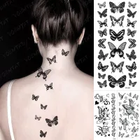 【YF】 Waterproof Temporary Tattoo Stickers Black Butterfly Moth Rose Flower Flash Tatto Women Sexy Neck Waist Body Art Fake Tatoo Men