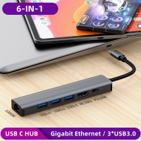 ใหม่6-IN-1 USB C HUB พร้อม Gigabit Ethernet LAN 1000Mbps RJ45 Type C เป็น HDMI Adapter สาม USB 3.0 Multiport Splitter 100W PD ชาร์จ Docking Station Extender สำหรับ Samsung Huawei Mo