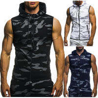 2020ใหม่ Mens Camouflage เสื้อกั๊กฤดูใบไม้ผลิฤดูร้อนทหาร Hooded เสื้อแขนกุดชายแฟชั่นแบรนด์เสื้อผ้า Gym ซิป Running