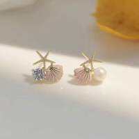 Upingi-ใหม่ S925เข็มเงินปลาดาวเชลล์ต่างหูสาวหัวใจมุก Earringsc474or