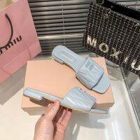 candy-colored pleated square-head sandals for women in miu miuˉsummer wear casual slippers with new fashion letters flat bottom.