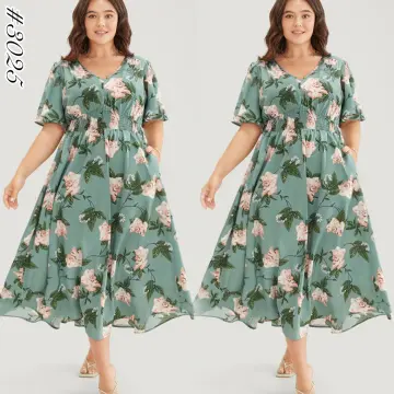 Plus Size Elegant Summer Floral Print Style Belted Front V-Neck