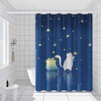 Mooming Cat Picking Star Bath Curtain แฟนตาซีตลก Star Night Bath Curtain พื้นผิวสีฟ้าหนาตะขอม่าน 180 * 180 ซม