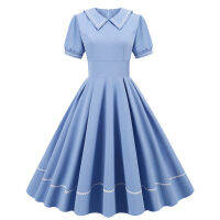 KK1950s Navy Wave ลูกไม้แขนสั้น Slim กลางความยาวขนาดใหญ่ Swing Hepburn Fluffy Dress Lapel Vintage Dressq11