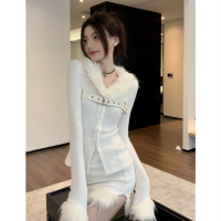 ชุดคาร์ดิแกนปลอกคอขนสัตว์ + กระโปรงสองชิ้น