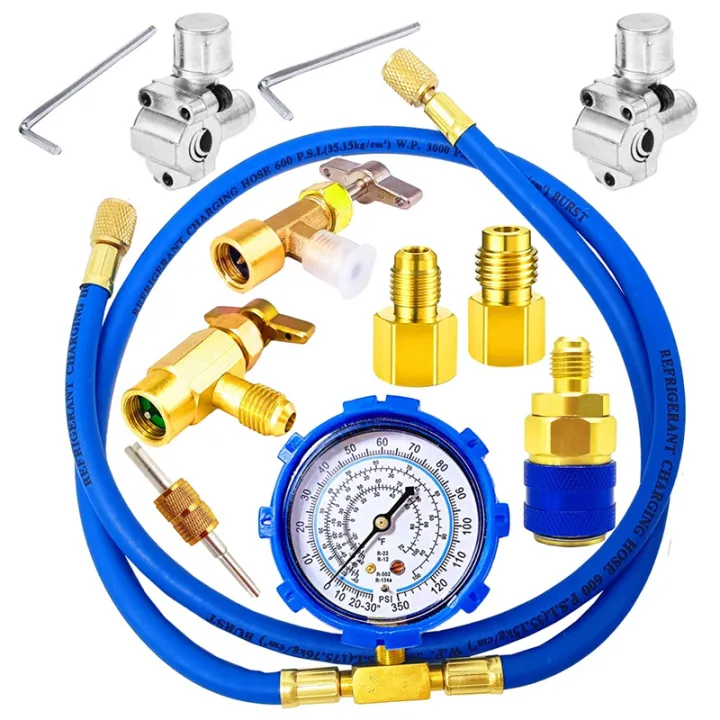 A/C R134A Refrigerator Freon Recharge Kit with Piercing Valves, Refrigerant Charging Hose with