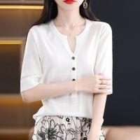 2023 New Summer Women Sweater Mid Sleeve T-Shirt Fashion Slim Ladies Black White V-Neck T Shirts