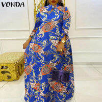 VONDA Casual Vintage Print Waterdrop Hole Long Sleeves Elegant Prom Long Dress (Plus Size)