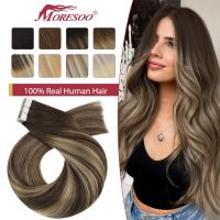 【LZ】 cabelo natural Moresoo fita na extensão do cabelo balayage ombre máquina remy real do cabelo humano para as mulheres invisível sem emenda da pele do plutônio trama reta pelo natural 100  humano cabelos naturais humano