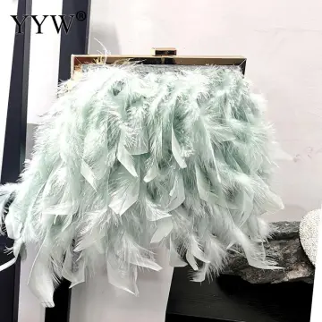 YYW Luxury Real Ostrich Feather Box Handbags Party Clutch Evening Bag Chic  Design Wedding Purses Female Chain Shoulder Bag Green