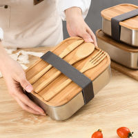 2021Wooden Lid Lunch Box With Spoon Fork 304 Stainless Stee Portable Lunch Box Fresh-keeping Bamboo Cover Food Container Lunch Box