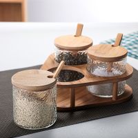 Glass Seasoning Box Set Home Kitchen Organizers Salt Shaker Bottle Storage Gadget for Spice Pepper with Wood Lid and Spoon