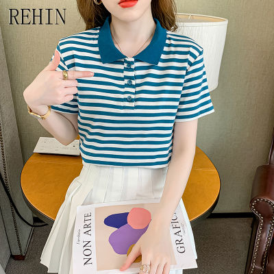REHIN Polo เสื้อยืดแขนสั้นลายทางสำหรับผู้หญิง,เสื้อลายทางแขนสั้น2023ตัวใหม่ออกแบบมาสำหรับฤดูร้อนด้วยเสื้อลายทางแนวนอนทรงสั้นอเนกประสงค์และมีสไตล์